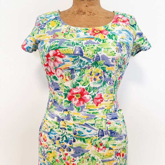 Vintage 90s Jonathan Martin Floral Short Sleeve Cotton Mini Dress Size 7 Small - Picture 2 of 12